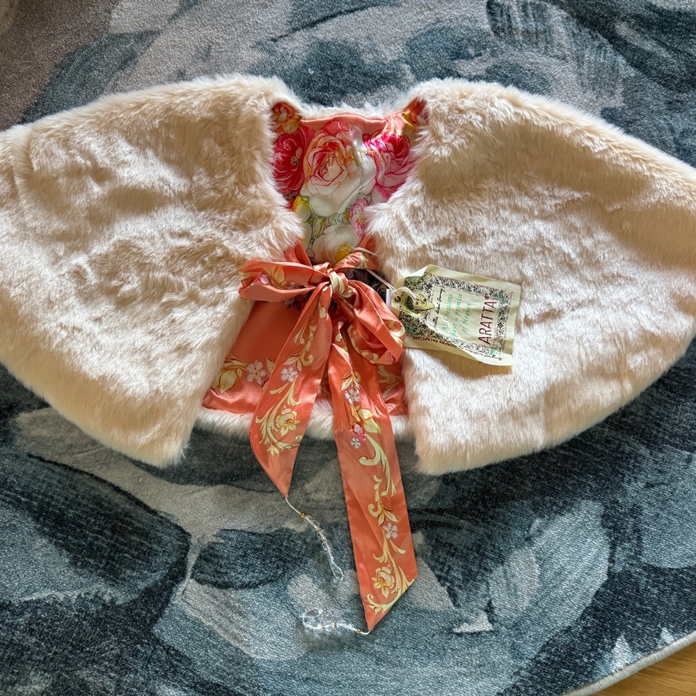 Aratta Floral Faux Fur Capelet with Pink and Cream Accents